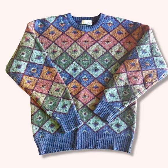 Vintage Christopher Hayes Shetland Wool Geometric Fair Isle Jumper Sweater L - Picture 1 of 7